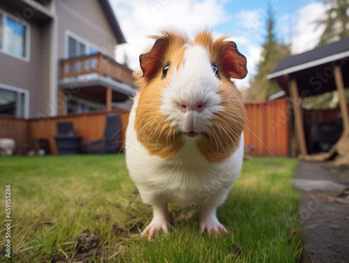 A Photo of a Guinea Pig in the Backyard of a House in the Suburbs