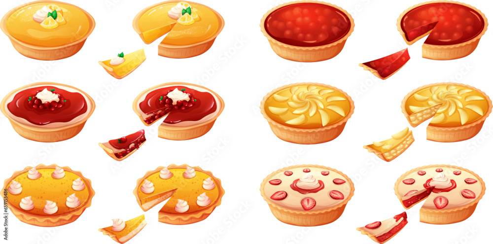 Cartoon pies portion. Homemade pie slice sweet berries or apple filling, cooking pastries fruit desserts traditional bakery pastry concept isolated tart garish vector illustration - obrazy, fototapety, plakaty 