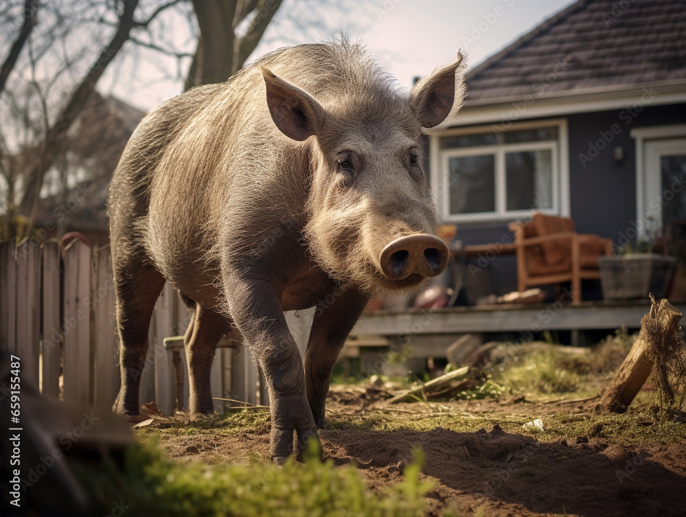 A Photo of a Warthog in the Backyard of a House in the Suburbs A Photo of a Warthog in the Backyard of a House in the Suburbs