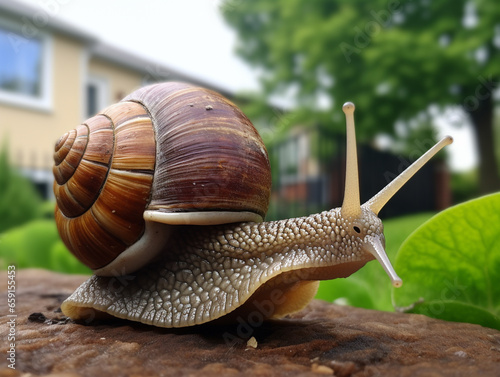 A Photo of a Snail in the Backyard of a House in the Suburbs