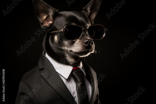Dog wearing Sunglasses in Suit 
