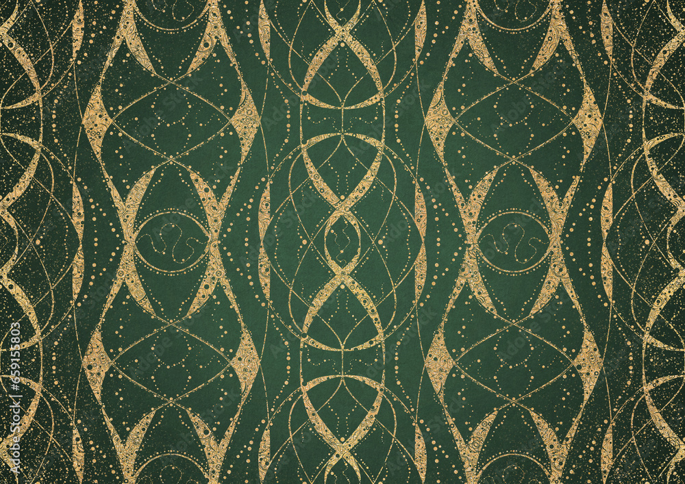 Hand-drawn unique abstract gold ornament on a green warm background, with vignette of darker background color and splatters of golden glitter. Paper texture. Digital artwork, A4. (pattern: p10-4b) Hand-drawn unique abstract gold ornament on a green warm background, with vignette of darker background color and splatters of golden glitter. Paper texture. Digital artwork, A4. (pattern: p10-4b)