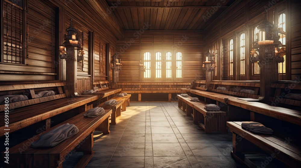 the wooden interior in the sauna. the well-crafted wooden benches and walls, emphasizing the natural and rustic beauty of the space.