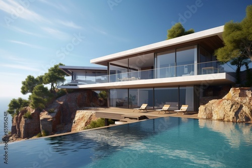 Modern house with pool  panoramic windows  built on cliff near sea. Generative AI