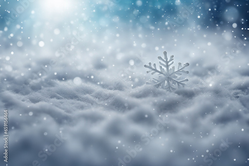 Winter background. Beautiful decorative snowflake on the white snow. Copy space