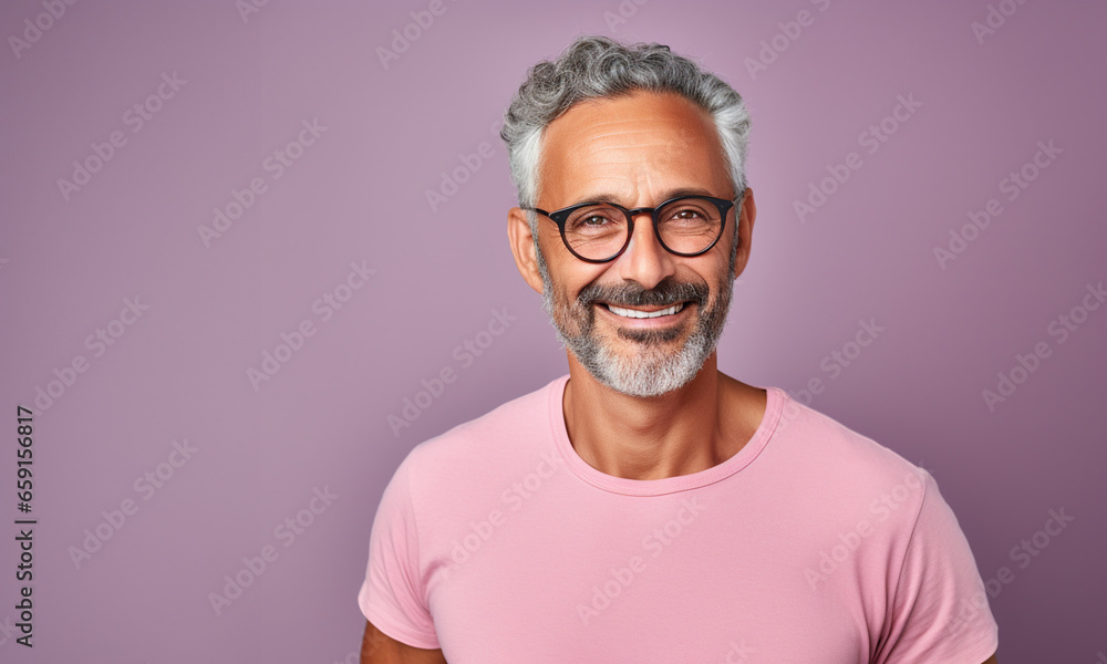Retrato de un hombre latino maduro, con canas, sonriendo, con apariencia saludable y vitalidad, usando una camisa blanca y gafas, posando en un estudio fotográfico con fondo de color - obrazy, fototapety, plakaty 
