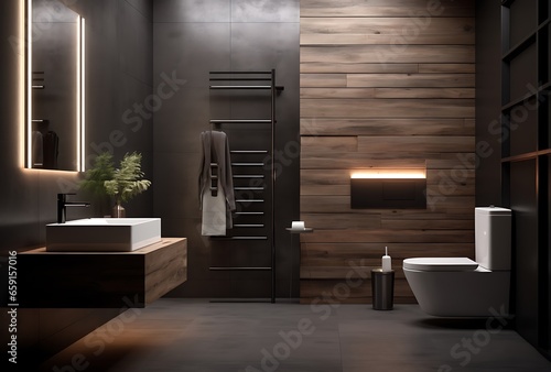 Modern black bathroom interior with wooden walls  concrete floor  comfortable bathtub and double sink. 3d rendering