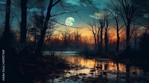 illustration, night scene in the magic forest with many trees and a huge moon © Jorge Ferreiro