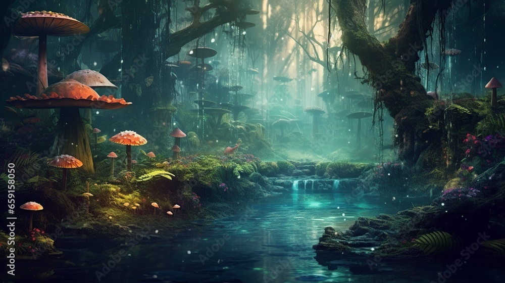 illustration, a magical and misty forest