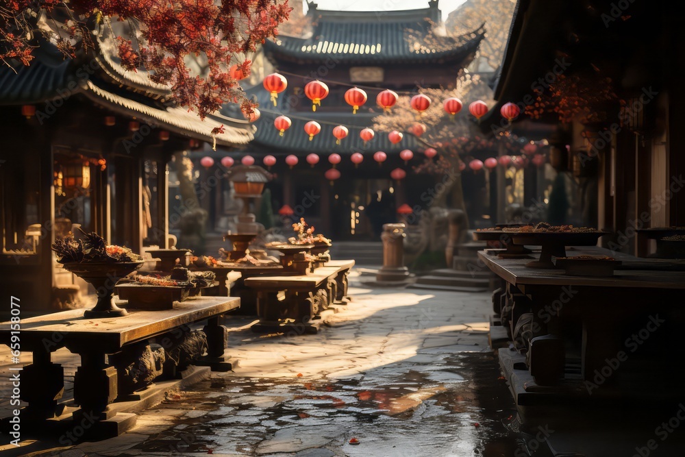 Old style Chinese or Japanese cultural temple with festival decorations. Old style Chinese or Japanese cultural temple with festival decorations.