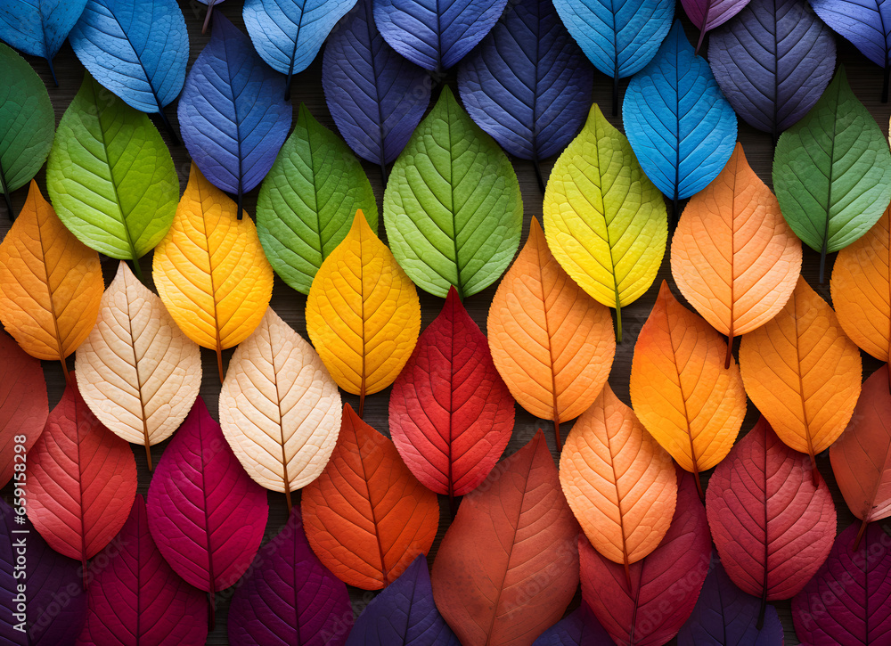 Stunning leaves in autumn background with rainbow colors
