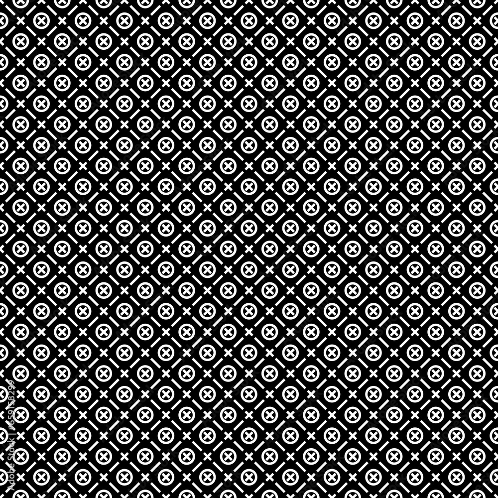 Seamless surface pattern with symmetric ornament. White dashes, crosses and circles abstract on black background. Grid motif. Ethnic wallpaper. Digital paper for web design. Vector art illustration