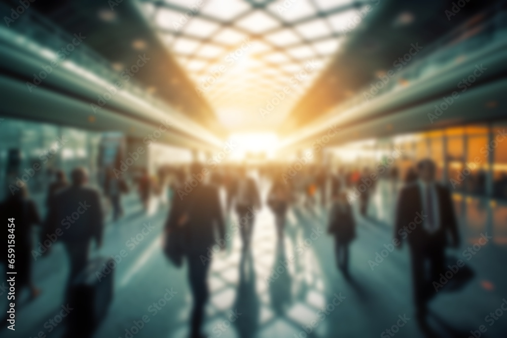 Blurred background with sitting people in business suits in a glass concrete skyscraper office. Generative AI.