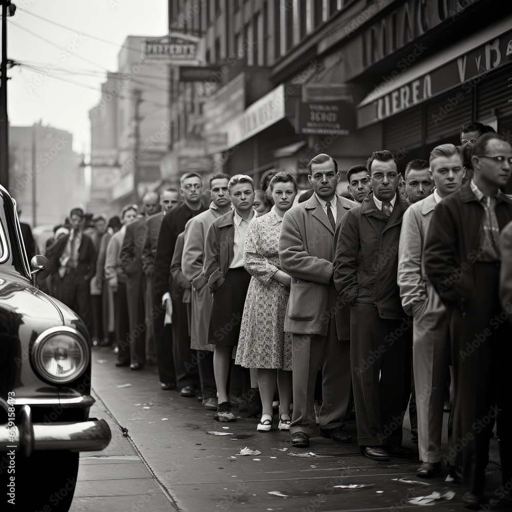 Long lines of people waiting outside a store before open - obrazy, fototapety, plakaty 