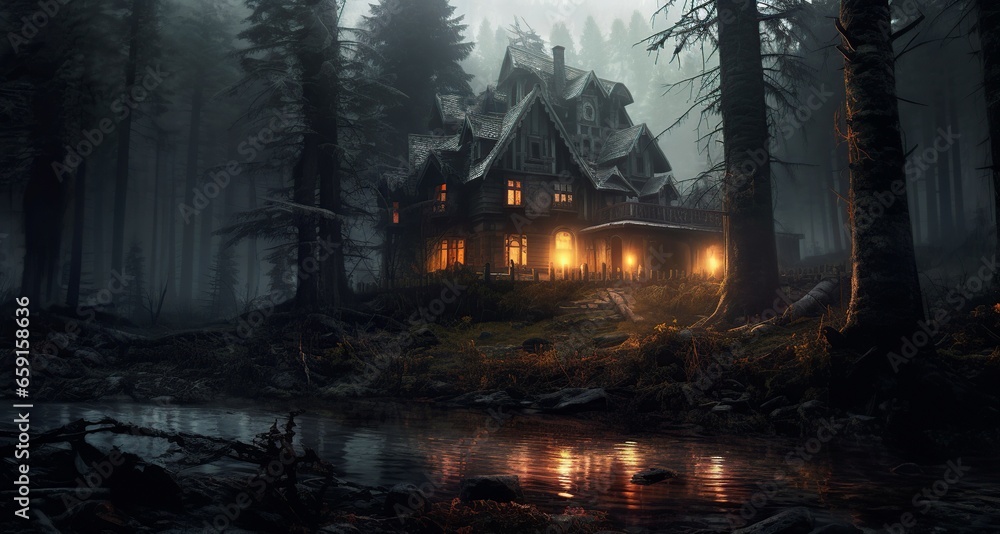 illustration, a haunted house with light, and a gloomy forest - obrazy, fototapety, plakaty 