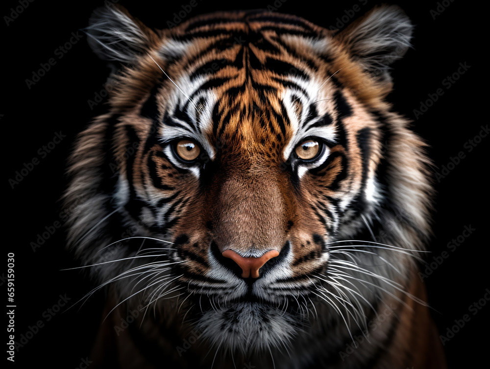 close up detailed portrait of tiger face, generative ai