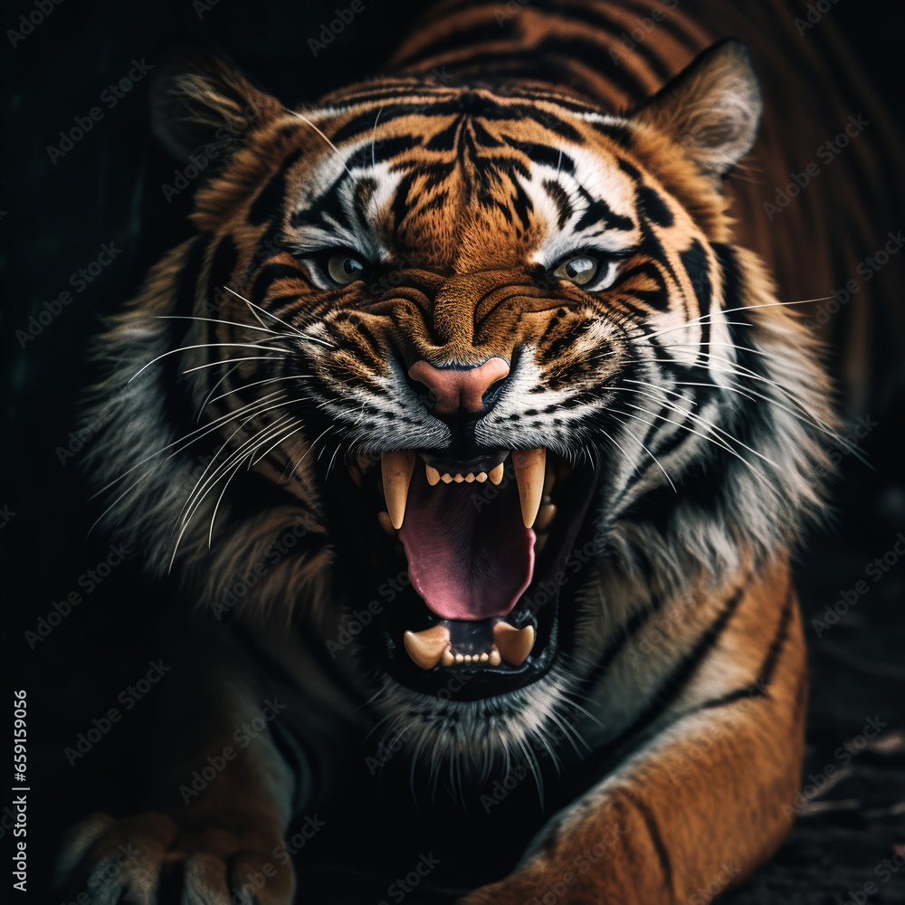 Obraz premium close up portrait of a roaring tiger, generative ai