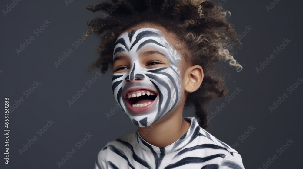 Joyful Zebra: Laughing Child with Face Paint on Dark Background. Joyful Zebra: Laughing Child with Face Paint on Dark Background.