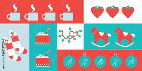 Holiday cards. Xmas modern design set with Christmas tree, ball, star, gifts. Christmas cards, posters, holiday covers or banners. Artistic templates.