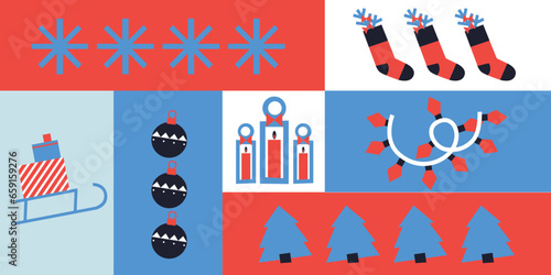 Holiday cards. Xmas modern design set with Christmas tree, ball, star, gifts. Christmas cards, posters, holiday covers or banners. Artistic templates.