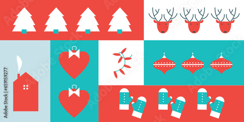 Holiday cards. Xmas modern design set with Christmas tree, ball, star, gifts. Christmas cards, posters, holiday covers or banners. Artistic templates.