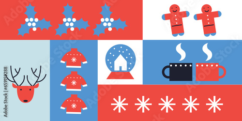 Holiday cards. Xmas modern design set with Christmas tree, ball, star, gifts. Christmas cards, posters, holiday covers or banners. Artistic templates.