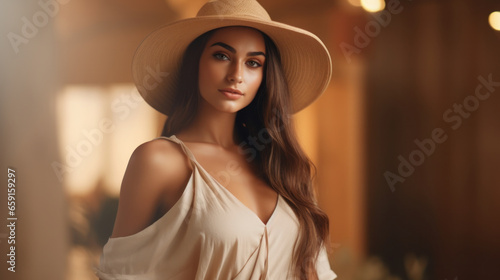 Elegant Young Model in a Chic Hat and Dress with Earthy Tones, Radiating Timeless Fashion Elegance Against a Neutral Beige Backdrop.