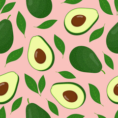 Acrylglasbilder Küchenmuster Avocado mit Blättern Vektormuster  © DELYRICA