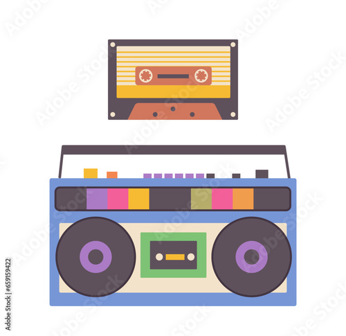 Vintage music player tape recorder and audiocassette from 80s or 90s isolated on white background