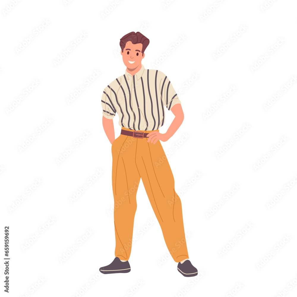 Happy smiling man cartoon character wearing 90s fashion style clothing standing isolated on white Happy smiling man cartoon character wearing 90s fashion style clothing standing isolated on white