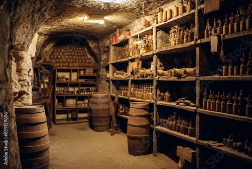 Old cellar with wooden shelves of wine bottles on straw matting. Generative AI