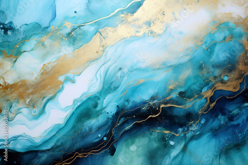 watercolor painting turquoise and gold liquid blue art background
