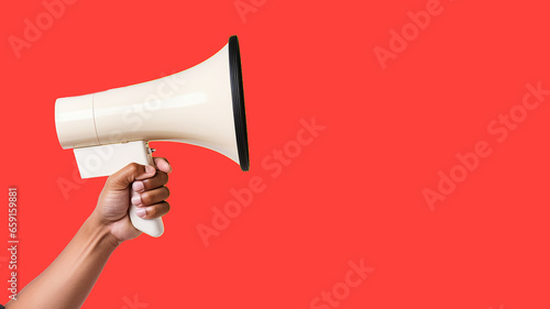 Megaphone in woman's hands on a white background. Copy space. photo