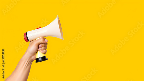 Megaphone in woman's hands on a white background. Copy space.
