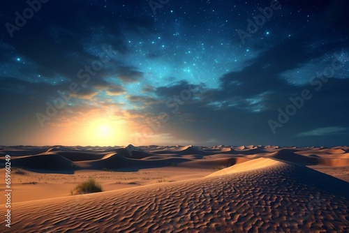 Scenic sandy landscape with dunes under warm starry sky. Generative AI