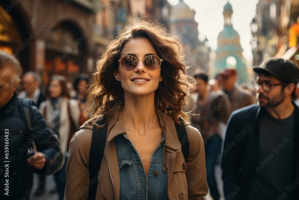 A group of tourists exploring the iconic landmarks of a bustling city, with a focus on capturing the energy and diversity of urban tourism