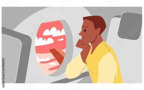 Man looking at sky in peaceful clouds from plane window vector illustration. Cartoon happy young male passenger character sitting alone in chair in airplane cabin to look outside during flight