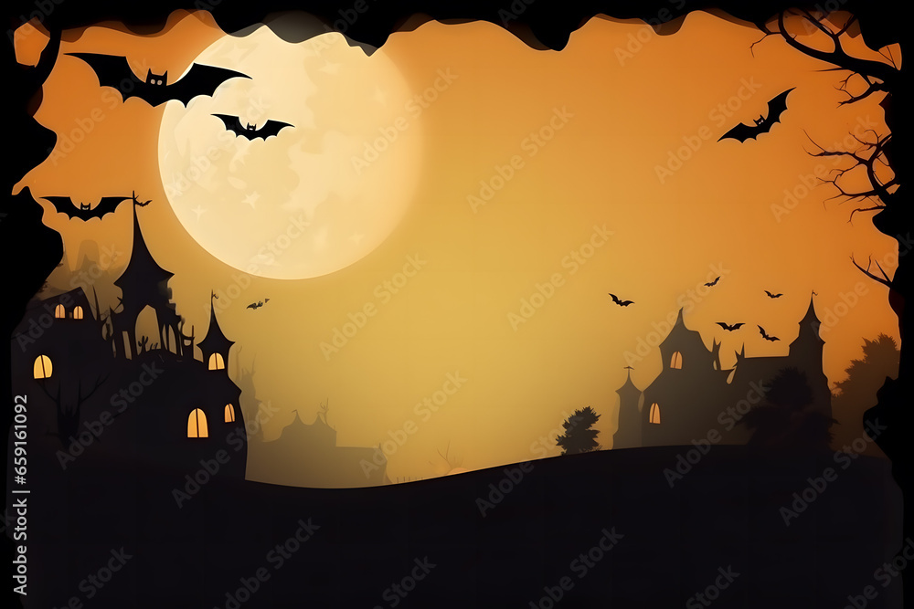 Halloween background with spooky houses and bats