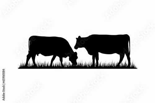 Cattle Angus Cow  Grass silhouette livestock farm logo design