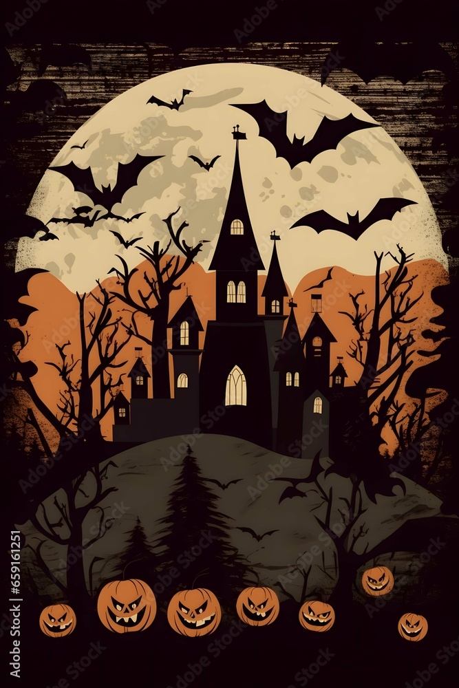 Halloween background with bats and a haunted house