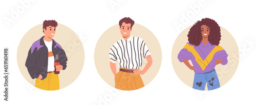 Happy young people wearing 90s retro-styled fashion clothing isolated round icon composition