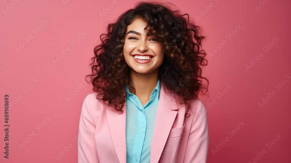 Happy ultra beauty business girl, who is smiling and laughing, wearing bright clothes. Bright solid background Happy ultra beauty business girl, who is smiling and laughing, wearing bright clothes. Bright solid background