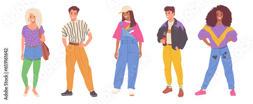 Set of people from 90s, young man and woman wearing retro-styled fashion outfits standing on white