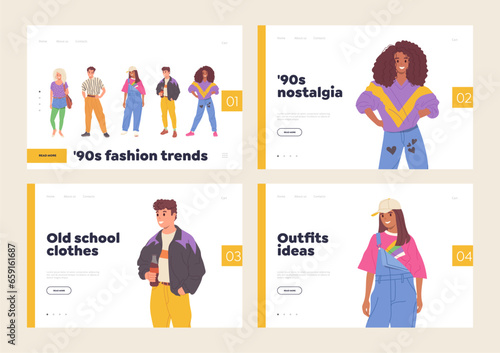 Old school clothes for man and woman, 90s fashion style casual attire isolated landing page template