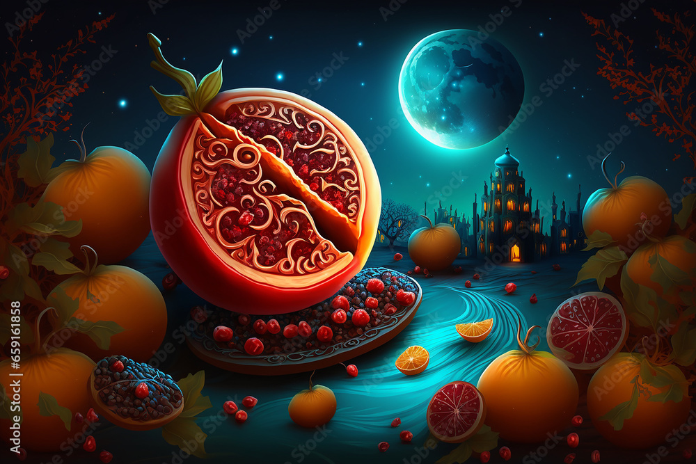 Yalda night pomegranate festival ramadan background with starry sky and copy space