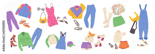 90s fashion adult female clothes kit and millennial childhood style set of apparel attire
