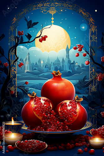 Yalda night pomegranate festival ramadan panoramic background, vertical