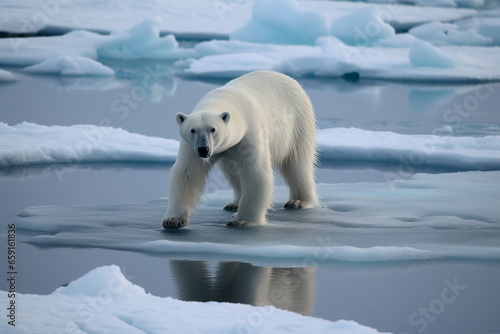 Polar bear standing on the floe. Largest bear in the world. Concept of power  strength and endurance of the Arctic