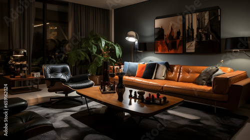 intérieur moderne, style années 70 rétro, salon rempli de plantes vertes