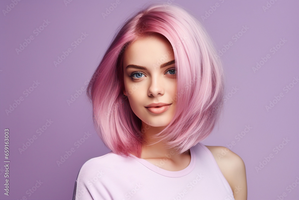 Generative AI portrait picture of beautiful young girl after salon styling have pink orange bright coloring dyed hair Generative AI portrait picture of beautiful young girl after salon styling have pink orange bright coloring dyed hair